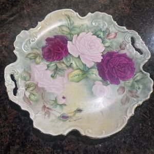 Hand-Painted Floral Porcelain Serving Plate - Pink & Purple Roses